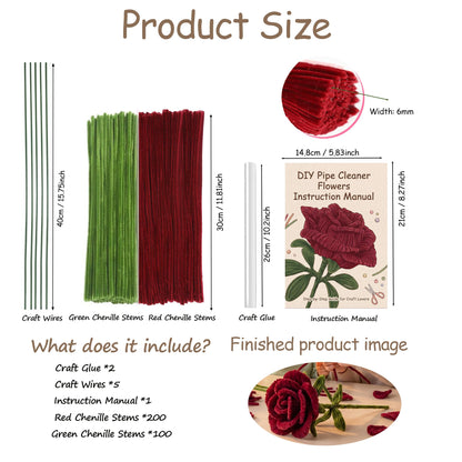 Pipe Cleaners Flower Kit - Red Pipe Cleaners for Flower Making, DIY Craft Supplies for 22-Inch Pipe Cleaner Flowers, Includes 300 PCS Pipe Cleaners, Floral Wires, Glue Sticks & Instruction Manual