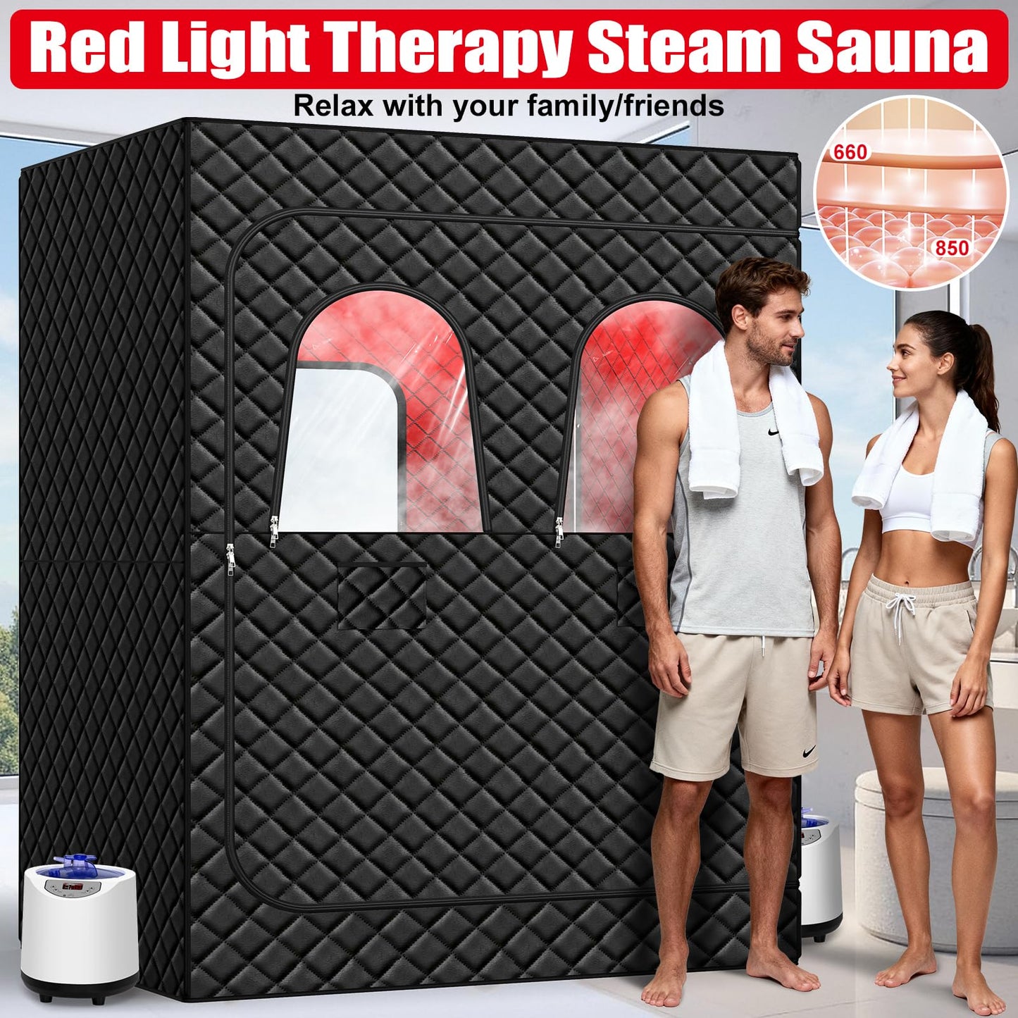 iTHERAU 2 Person Infrared Sauna Box for Home, Portable Steam Sauna Room with 660nm＆850nm Red Light Therapy Lamp, 5-Layer Waterproof, 2 Steamers, 2 Folding Chair