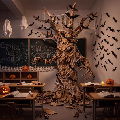 Jetec 92 Pcs Halloween Spooky Tree DIY Wall Decor Kit 56 Bats and 30 Pcs 3D Spider 2 Rolls Brown Kraft Paper with Webs Large Creepy Tree Trunk Craft for Haunted House Indoor Outdoor Home Decoration