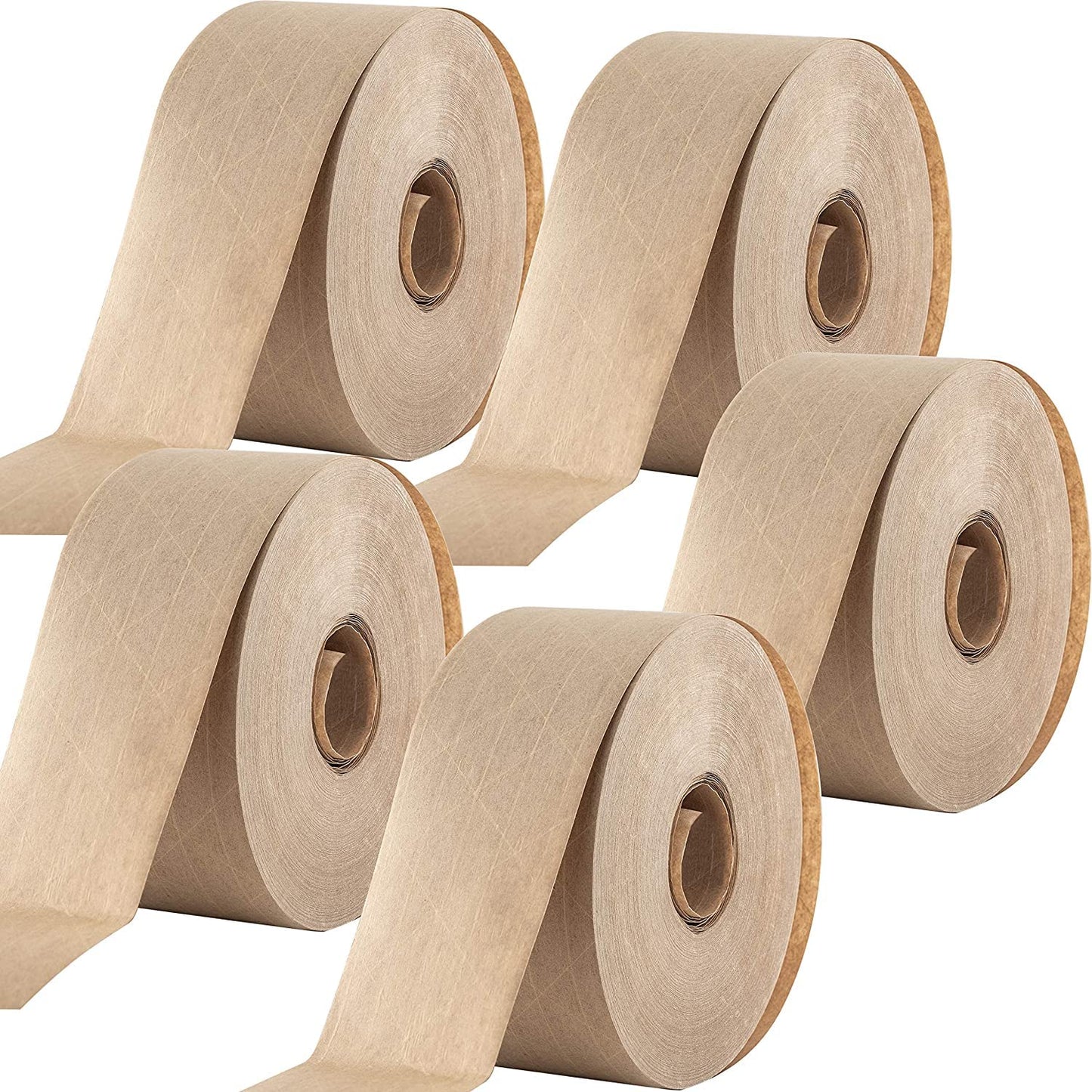 Ultra Durable Water-Activated Tape for Secure Packing 5Pk. 2.75In, 450Ft Brown Kraft Gum Tape Provides Heavy Duty Adhesive for Packaging and Shipping. Fiberglass Reinforced for Extra Strong Bond.