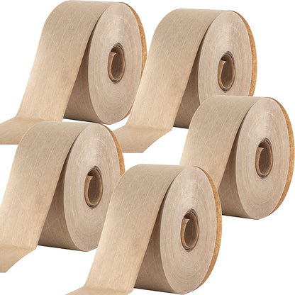 Ultra Durable Water-Activated Tape for Secure Packing 5Pk. 2.75In, 450Ft Brown Kraft Gum Tape Provides Heavy Duty Adhesive for Packaging and Shipping. Fiberglass Reinforced for Extra Strong Bond.