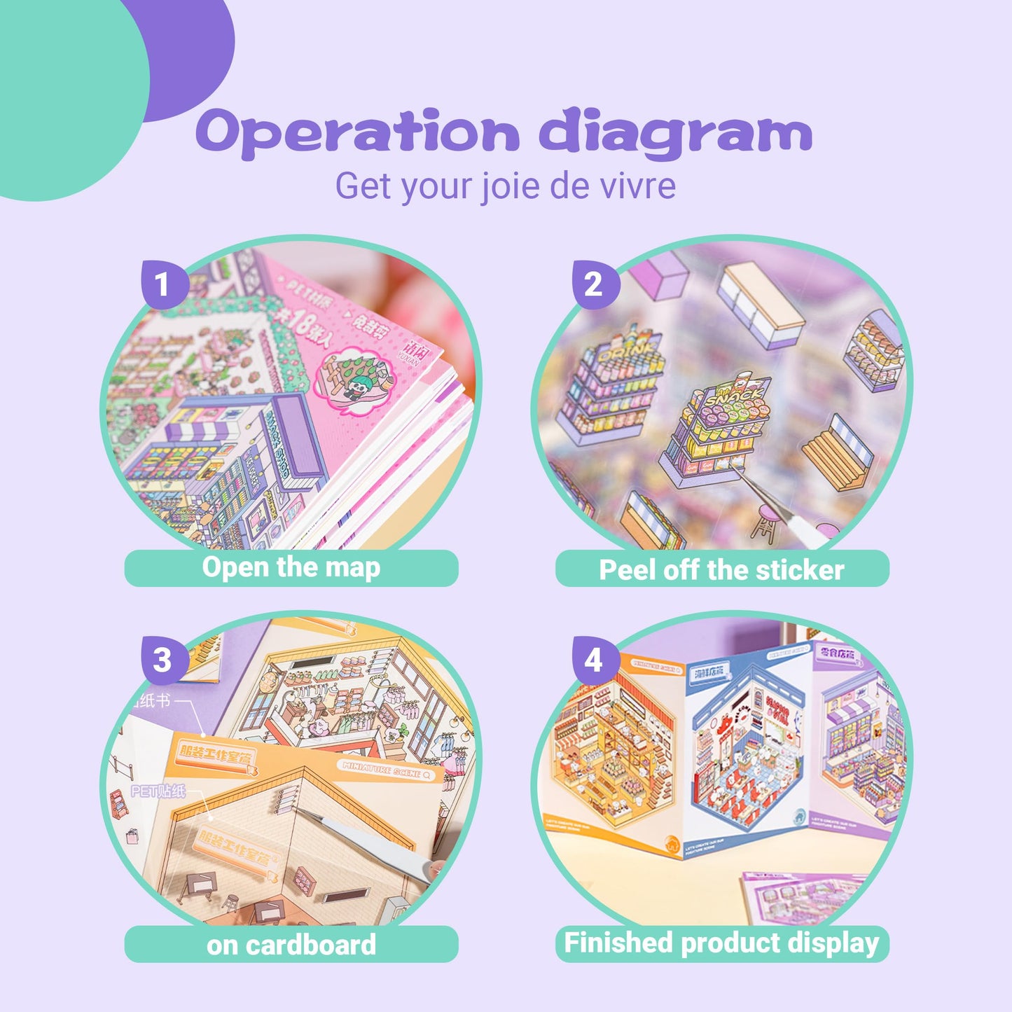 3D Sticker Scene Book Sticker Therapy for Adults Kids Teens 2 Books with 12 Sets of DIY 3D Room Miniature Scene Stickers Featuring Various Themes