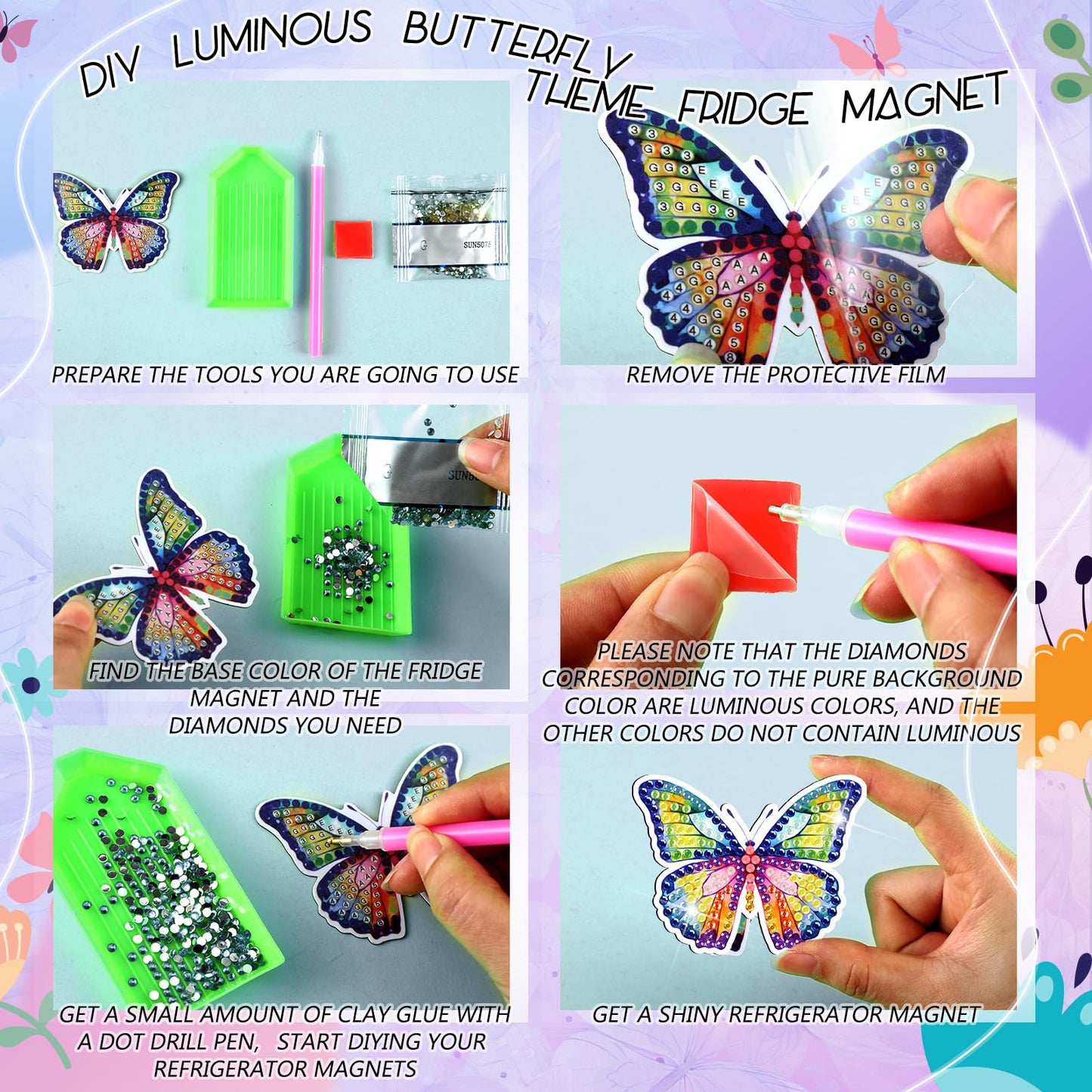 30 Pcs Butterfly Diamond Painting Magnets Luminous Butterfly Diamond Art Kits for Refrigerator Spring Fridge Magnet Stickers for DIY Craft Home Decors