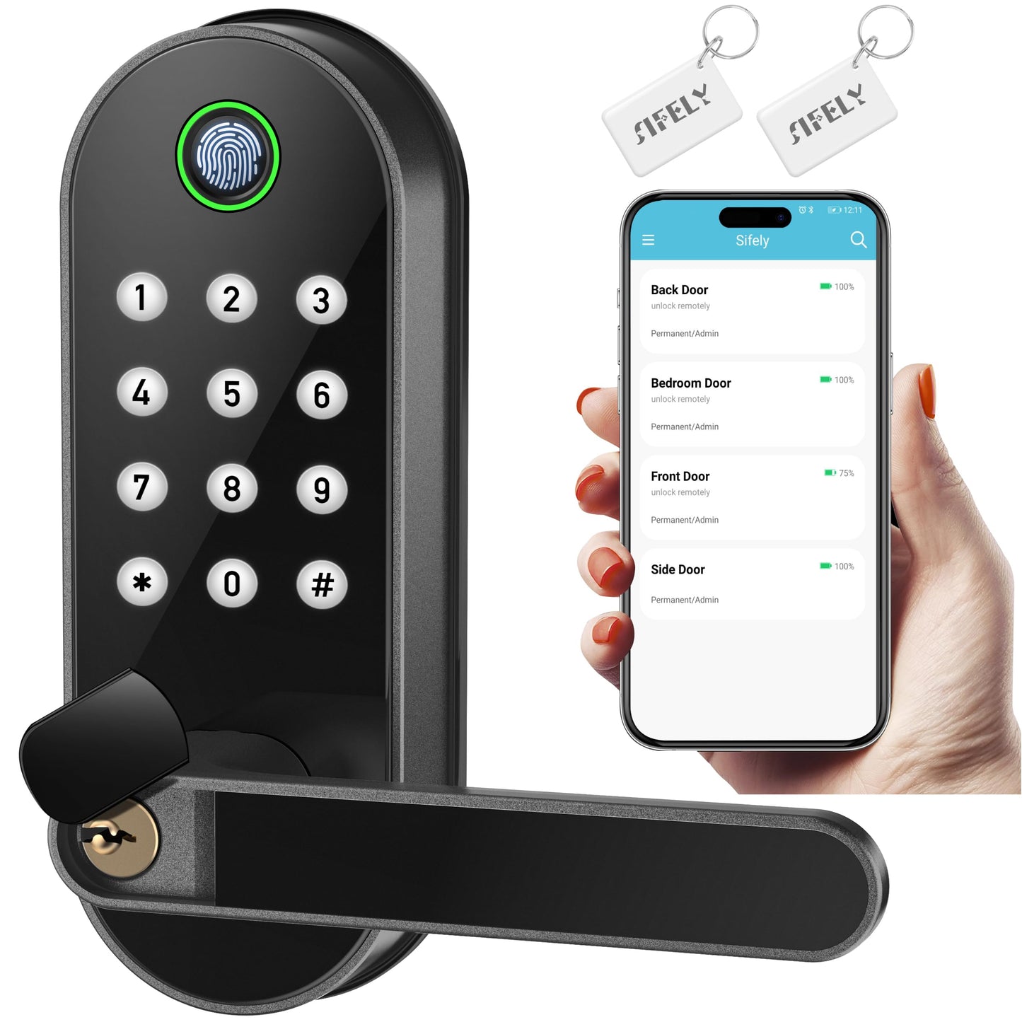 Keyless Entry Fingerprint Smart Lock with Handle & Keypad: Sifely Biometric Digital Electronic Lock with Code, Electric Deadbolt Door Knob for Front, Interior, Exterior & Bedroom Doors (Black)