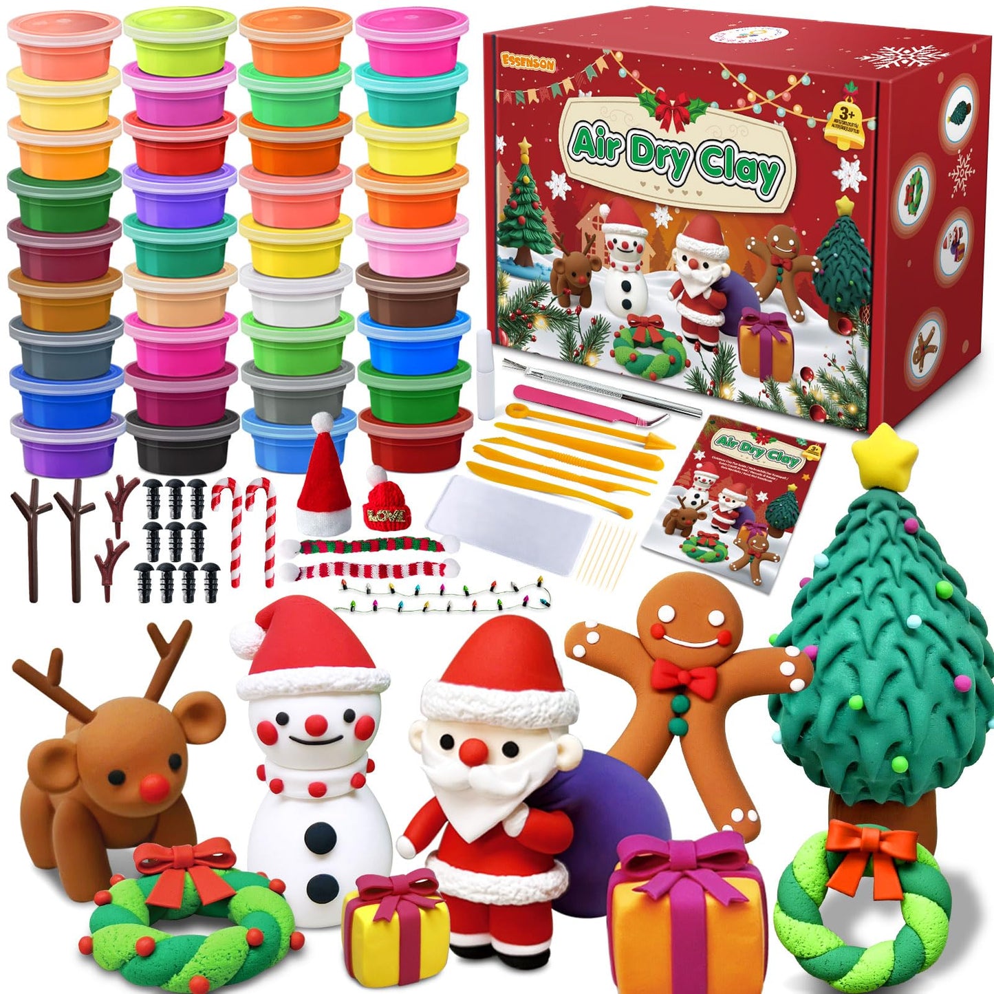 ESSENSON Air Dry Clay Christmas Crafts Kit, 36 Colors DIY Modeling Clay Craft Set with Accessories, Christmas Stocking Stuffers for Kids, Xmas Gift for Girls Boys