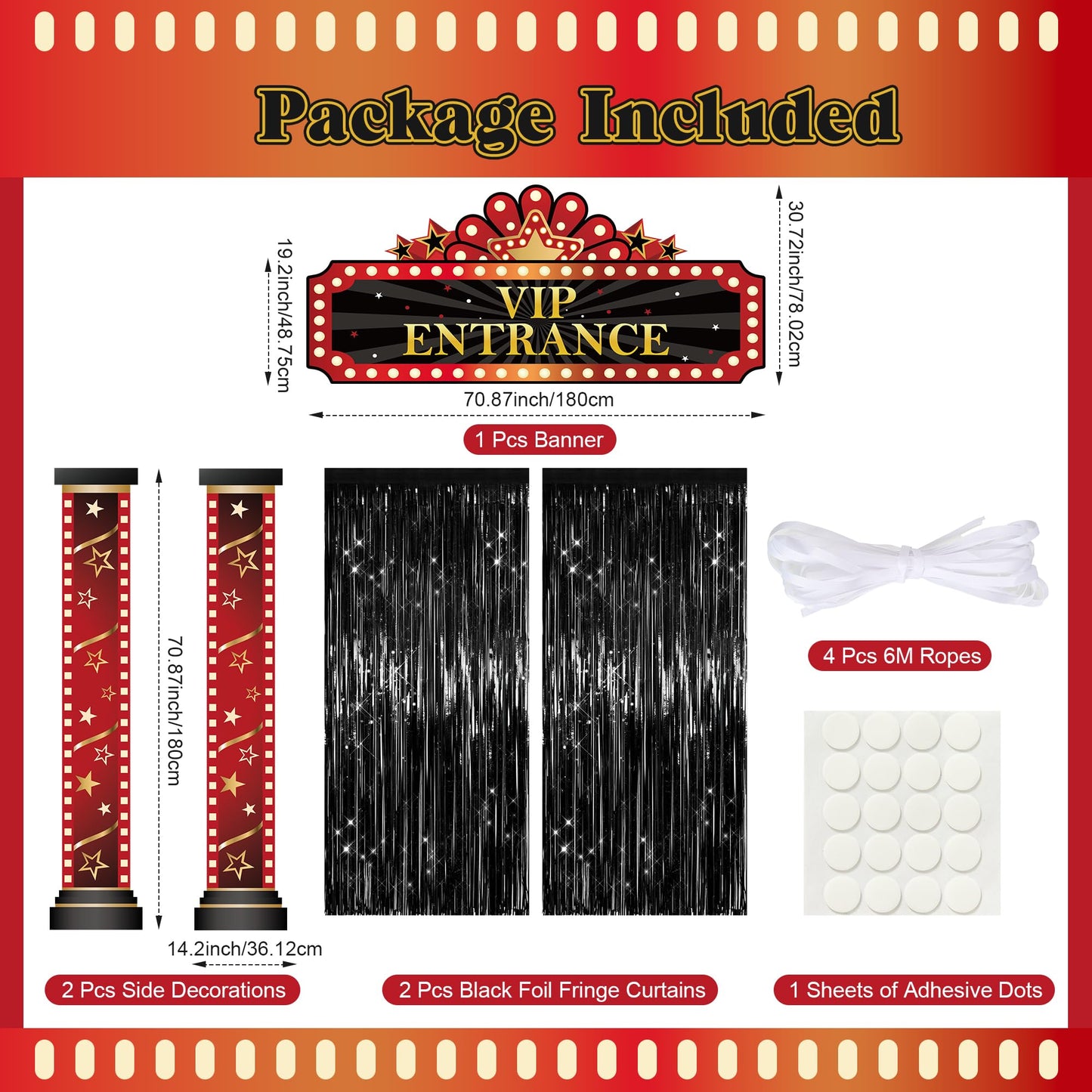 5 Pcs Casino Movie Night Porch Sign Banner with Black Foil Fringe Backdrop Casino Theme Party Decorations VIP Door Entrance Banner Red Carpet Party Decor Movie Theme Theater Birthday Party Supplies