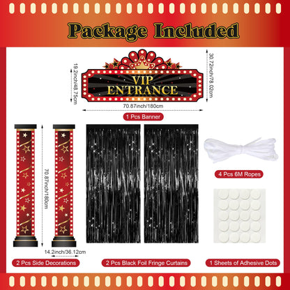 5 Pcs Casino Movie Night Porch Sign Banner with Black Foil Fringe Backdrop Casino Theme Party Decorations VIP Door Entrance Banner Red Carpet Party Decor Movie Theme Theater Birthday Party Supplies