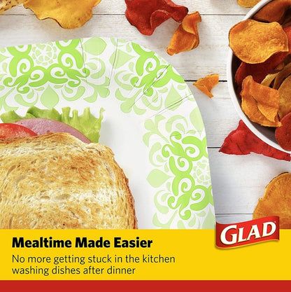 Glad Square Heavy Duty Paper Plates Soak Proof Cut Proof Microwaveable Disposable Plates Parties Everyday Meals Green Victorian Floral Pattern 10 Inch 50 Count 6 Pack Pantry Stocking Bulk Value