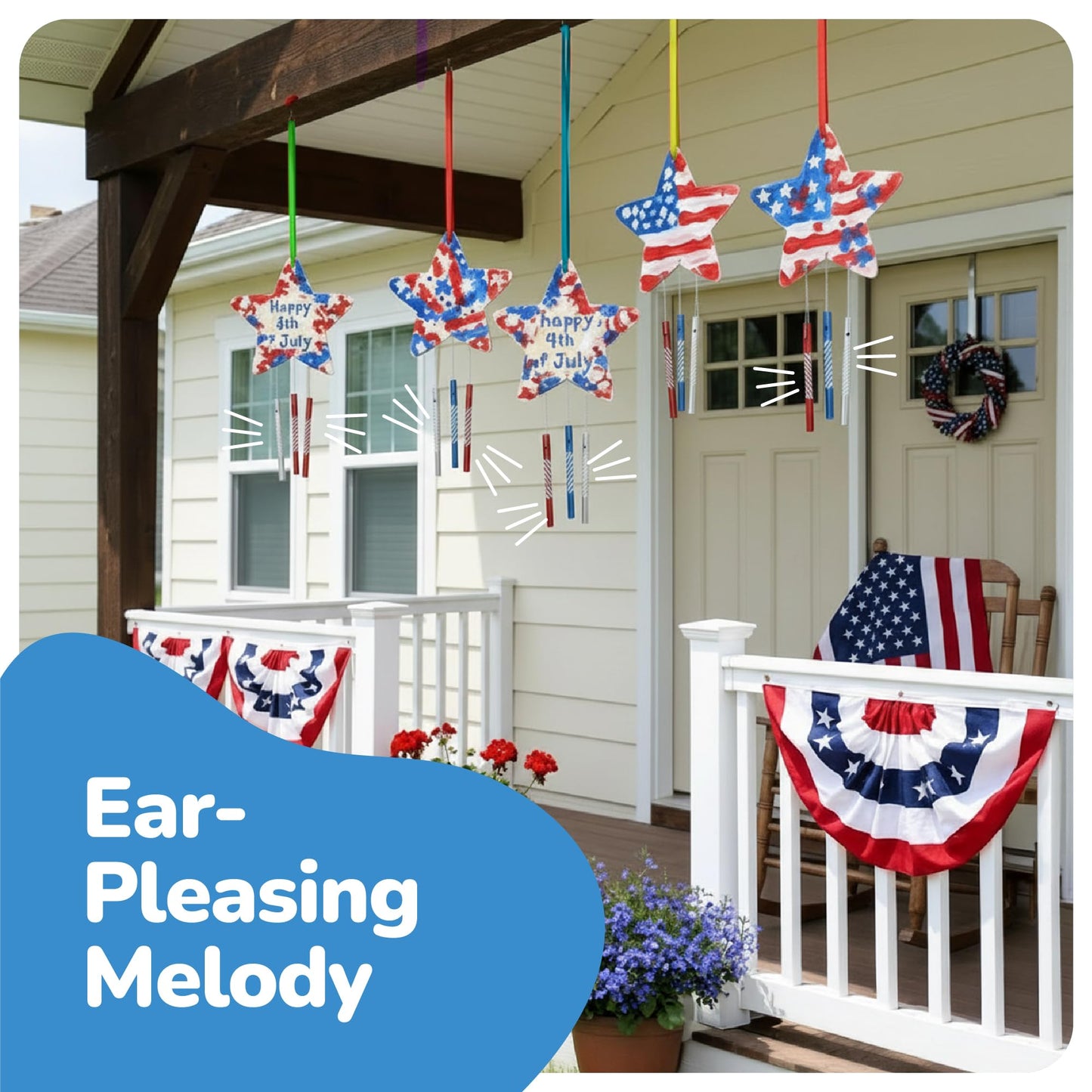 ArtCreativity Patriotic DIY Wind Chime Kit for Kids - 9 Pack - Wooden Wind Chime Set with Paint Kit, Rhinestone Flower Stickers, 105 Stickers, and More - July 4th Arts and Crafts for Kids 3 and Up