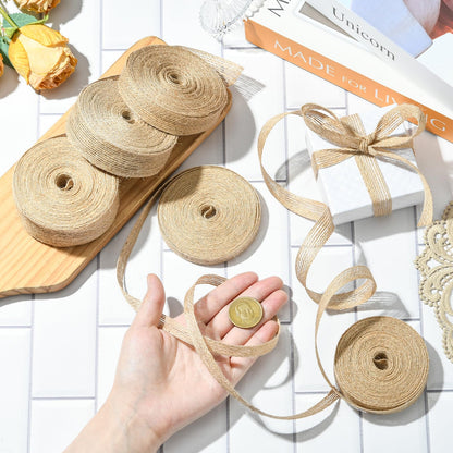Stiesy Burlap Fabric Ribbon, 5 Rolls Natural Jute Twine for Craft Making Gift Wrapping, 5 Styles Rustic Wedding Decorations, 3/8 to 1-1/4 Inch Tan Ribbon Rolls