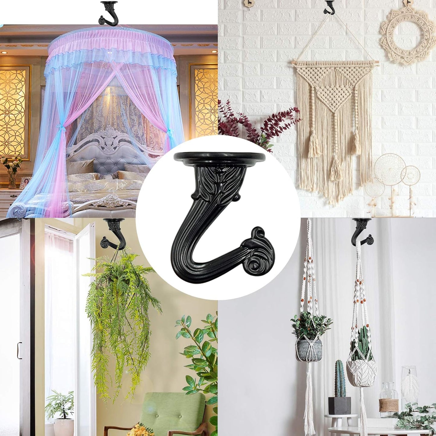 Hxchen 38mm/1.5" Heavy Duty Ceiling Hooks - Swag Hook with Steel Screws for Hanging Plants, Black (2 Sets)