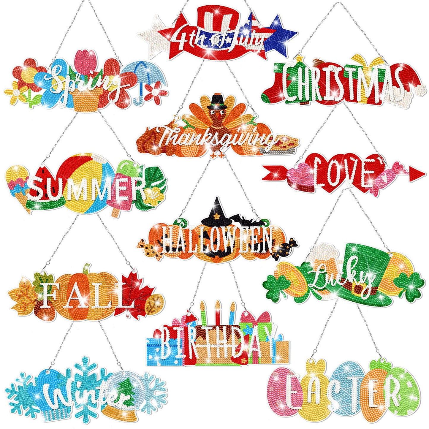 Cinnvoice 12 Pcs Seasonal Diamond Art Wreath Kits Holiday 5d DIY Diamond Painting Signs Germ Hanging Art Ornaments for Wall Door Decorations (Rustic)
