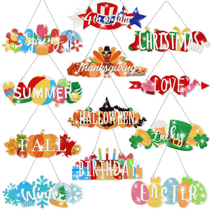 Cinnvoice 12 Pcs Seasonal Diamond Art Wreath Kits Holiday 5d DIY Diamond Painting Signs Germ Hanging Art Ornaments for Wall Door Decorations (Rustic)