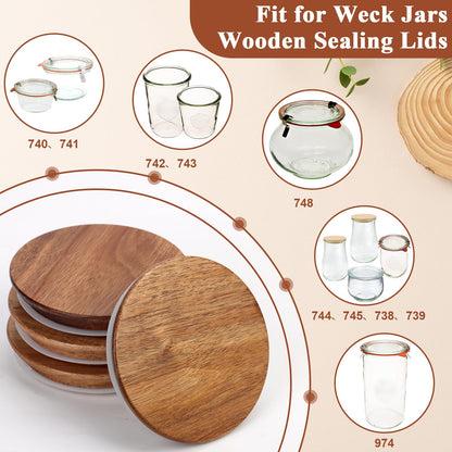 2 Pack Lids for Weck Jars 100mm Opening Acacia Tulip Glass Jar Lid with Silicone Airtight Jar Wooden Lids Fits for Weck Jar Models 738 739 740 741 742 743 744 745 748 974