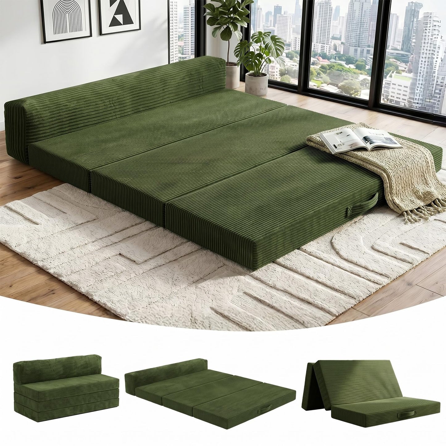 JUIKURY 5 in 1 Foldable Floor Sofa Bed, Tri-Fold Memory Foam Futon Mattress, Convertible Sleeper Couch Guest Bed, Portable Fold Out Sofa Couch for Living Room Apartment Office Guest Room