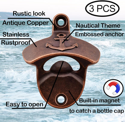 Nautical Wall Mounted Bottle Opener with Magnets, Antique Copper Magnetic Anchor Beer Cap Opener (Pack of 3)