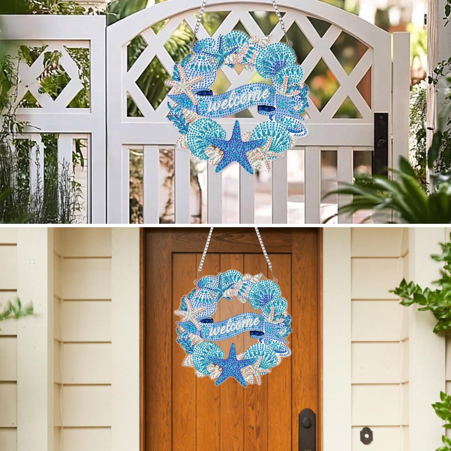 MXJSUA Wreath Seashells Starfish Diamond Painting Art Window Suncatchers, Diamond Art Kits for Adults Hanging Ornaments with Chain, 5D Special Shape Crystal Diamond Pendant Accessories for Decor Gift