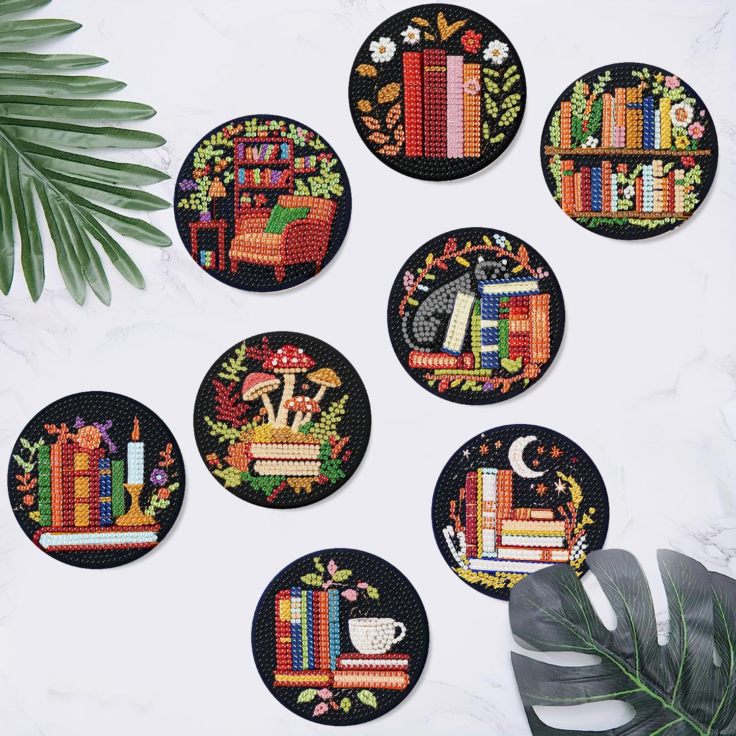 8 Pcs Bookshelf Diamond Art Coasters Kit - DIY 5D Small Diamond Painting Coasters with Holder, Mini Diamonds Arts Kits for Adults Coaster, Gem Art Arts and Crafts for Adults