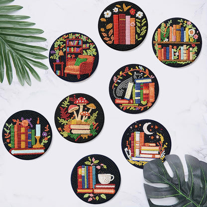 8 Pcs Bookshelf Diamond Art Coasters Kit - DIY 5D Small Diamond Painting Coasters with Holder, Mini Diamonds Arts Kits for Adults Coaster, Gem Art Arts and Crafts for Adults