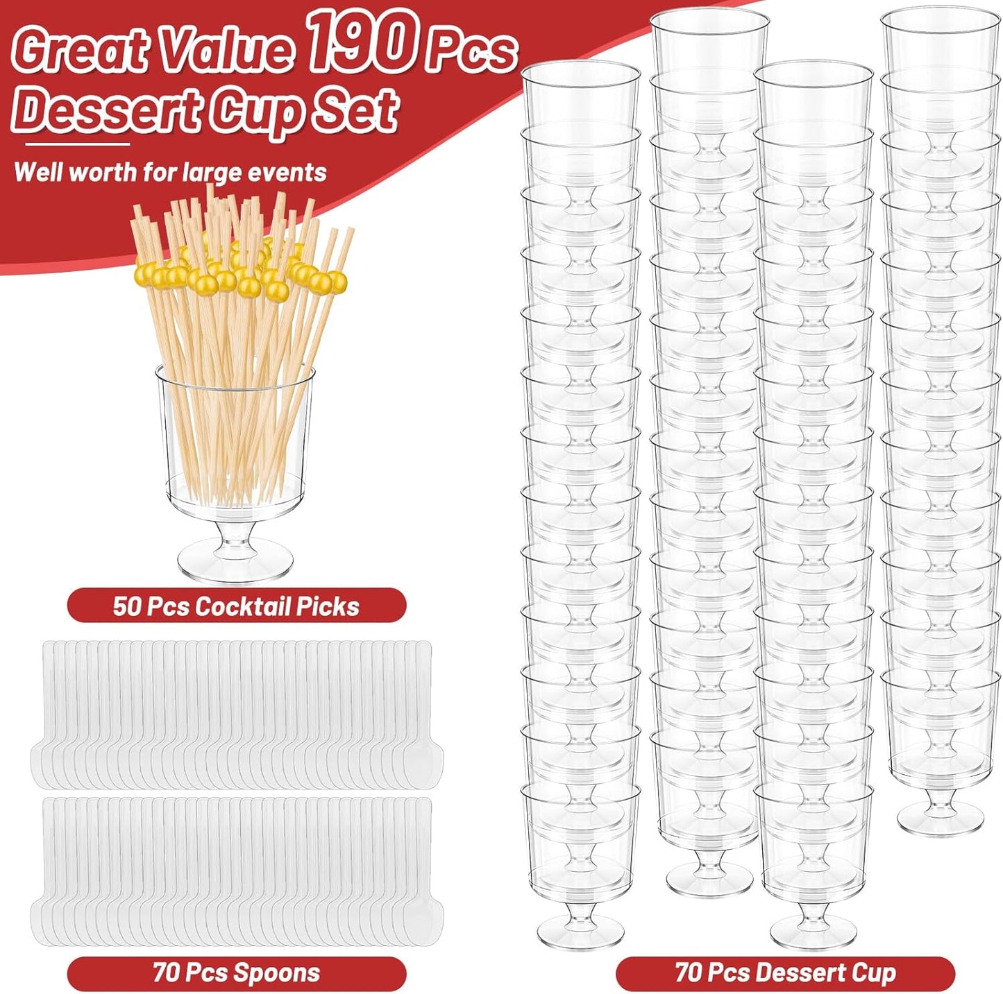 190 5 OZ Set Pcs Dessert Cups with Spoons Cocktail Picks, Clear Mini Dessert Shooter Cups, Plastic Parfait Cup