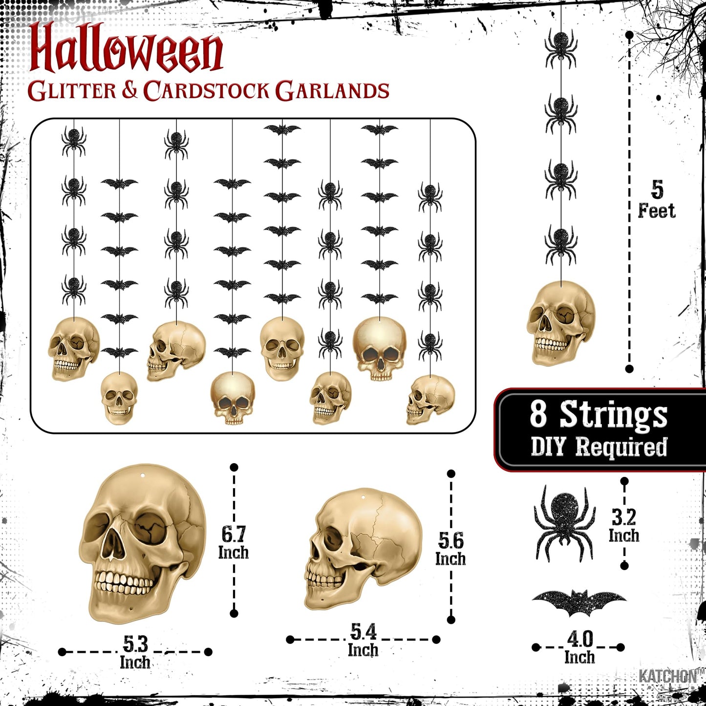 KatchOn, Glitter Skull Garland for Halloween - Pack of 8 | Black Hanging Halloween Decorations | Skull Garland, Glitter Spider