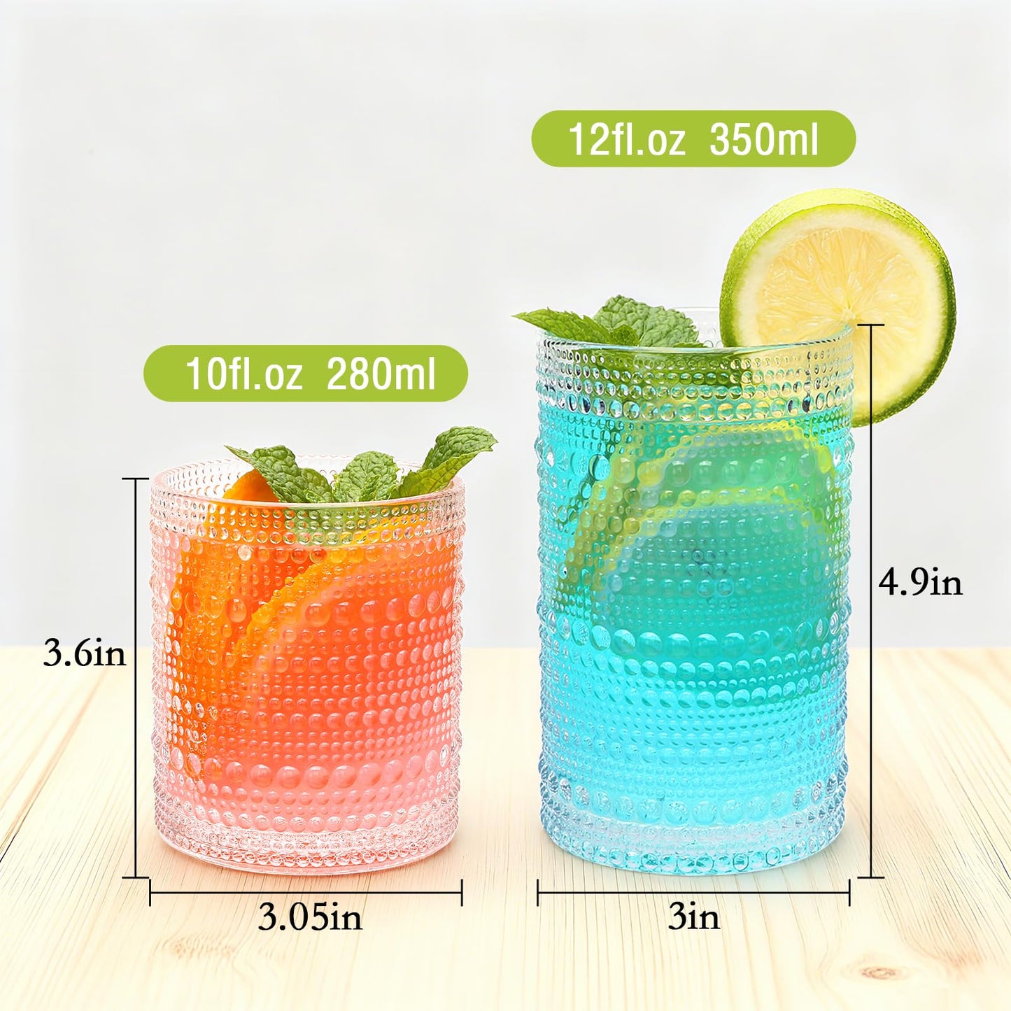 Woaiwo-q Embossed Highball Glasses Set of 12, 10 oz Thick Base Cocktail Drinking Glasses, 12 oz Clear Glassware Set, Glass Cups for Whiskey, Juice, Water, Home Bar & Kitchen, Dishwasher Safe