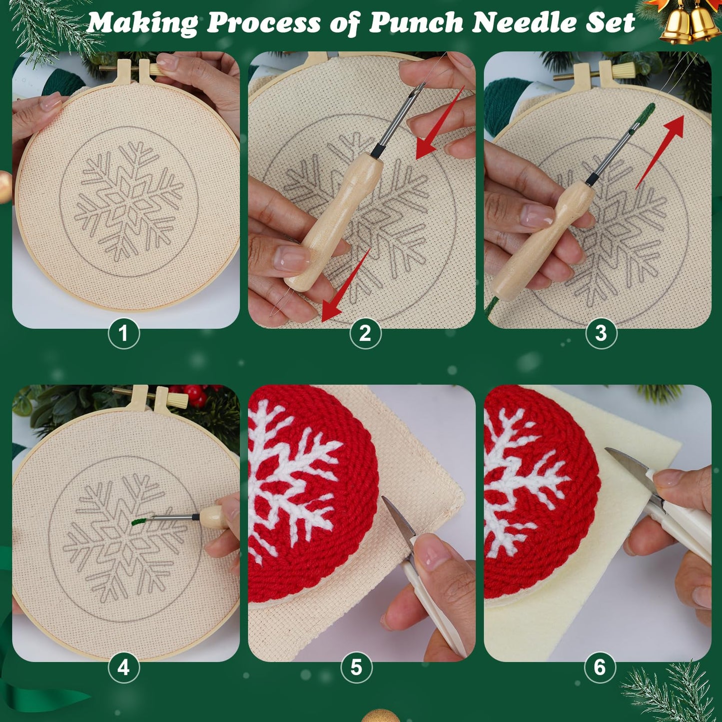 UHAPEER 6PCS Christmas Punch Needle Kit, Punch Needle Embroidery Kit Coaster Kit for Beginners Adults Kids, with Instruction & Video Tutorial, Yarns, Hoop, Coaster Holder, Christmas Craft Art Gift
