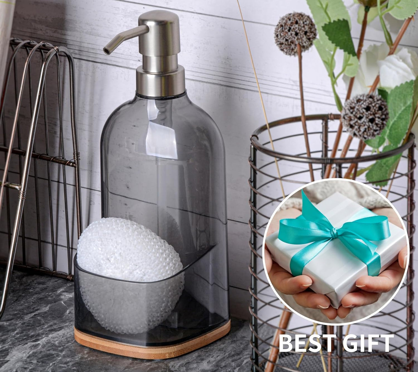 17oz Countertop Clasin Home Kitchen Soap Dispenser with Sponge Holder, Refillable Acrylic Dish Soap Dispenser
