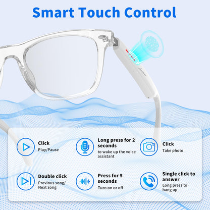 Smart Glasses - Bluetooth Glasses for Men & Women, Touch Control, Outdoor UV Protection and Voice Control, Hands-Free Calls (Clear Lens)