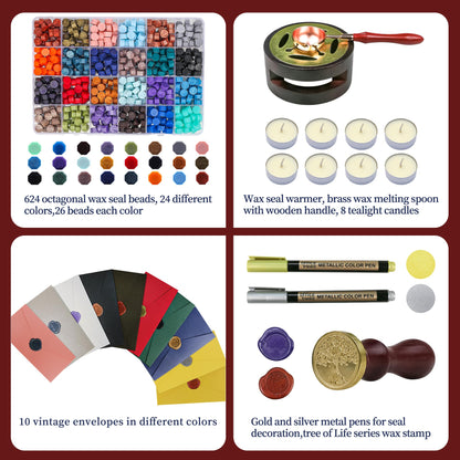 TRINIDa Wax Seal Kit, Premium Wax Seal Stamp Kit with 24 Colors 624 Pcs Beads, Metallic Pens, Warmer, Spoon and Tea Candles for Wedding Invitation, Letter Envelope, Gift Cards & DIY Crafts