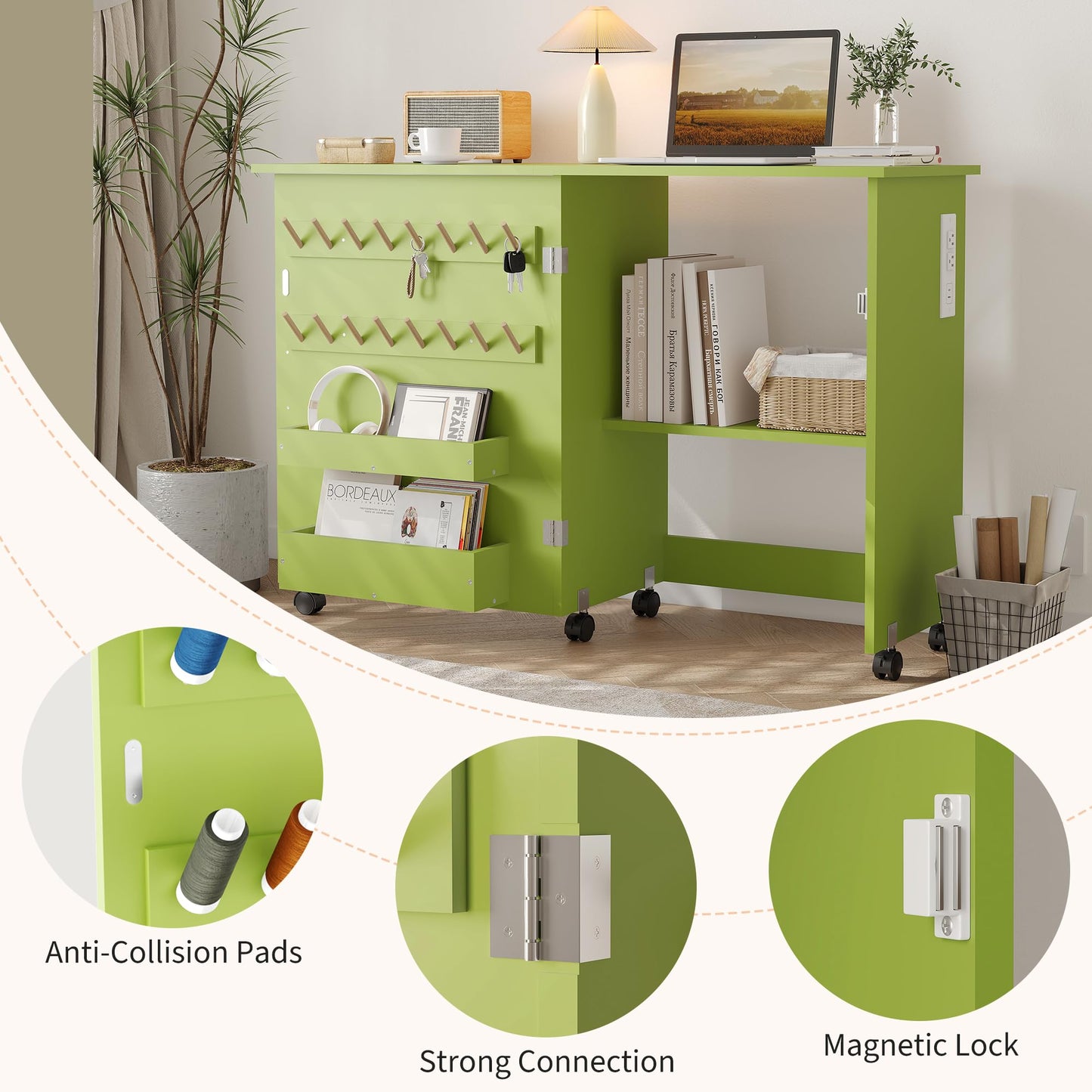 Folding Sewing Machine Table with Charging Station, Rolling Craft Table with Lockable Wheels, Storage Trays & Shelf, Pegs, Magnetic Locks, Foldable Sewing Machine Cabinet Desk for Small Spaces, Green
