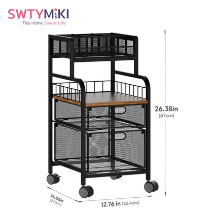 SWTYMIKI Rolling Cart with Drawers - Metal Craft Cart with Wheels, DIY Divider and Wood Shelf, Art Supply Organizer for Under Desk Storage, Utility Storage Cart for Home Office Studio, Espresso