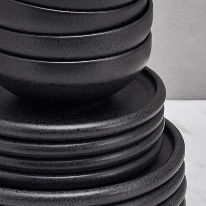 Mikasa Declan 12 Piece Stoneware Dinnerware Set, Service for 4, Modern Black Plate and Bowl Dishes with High Rims, Black