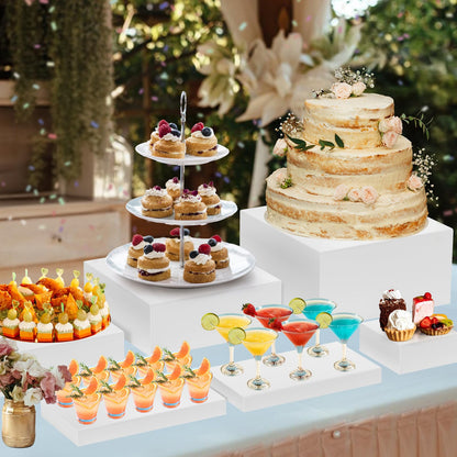 10 Pcs Large Acrylic Buffet Risers, White Food Display Stands for Buffet, Dessert Table, Jewelry, and Catering, Stackable Food Risers with Hollow Bottoms, Nesting Cube Box (12"-11"-10"-9"-8"-7"-6"-5")