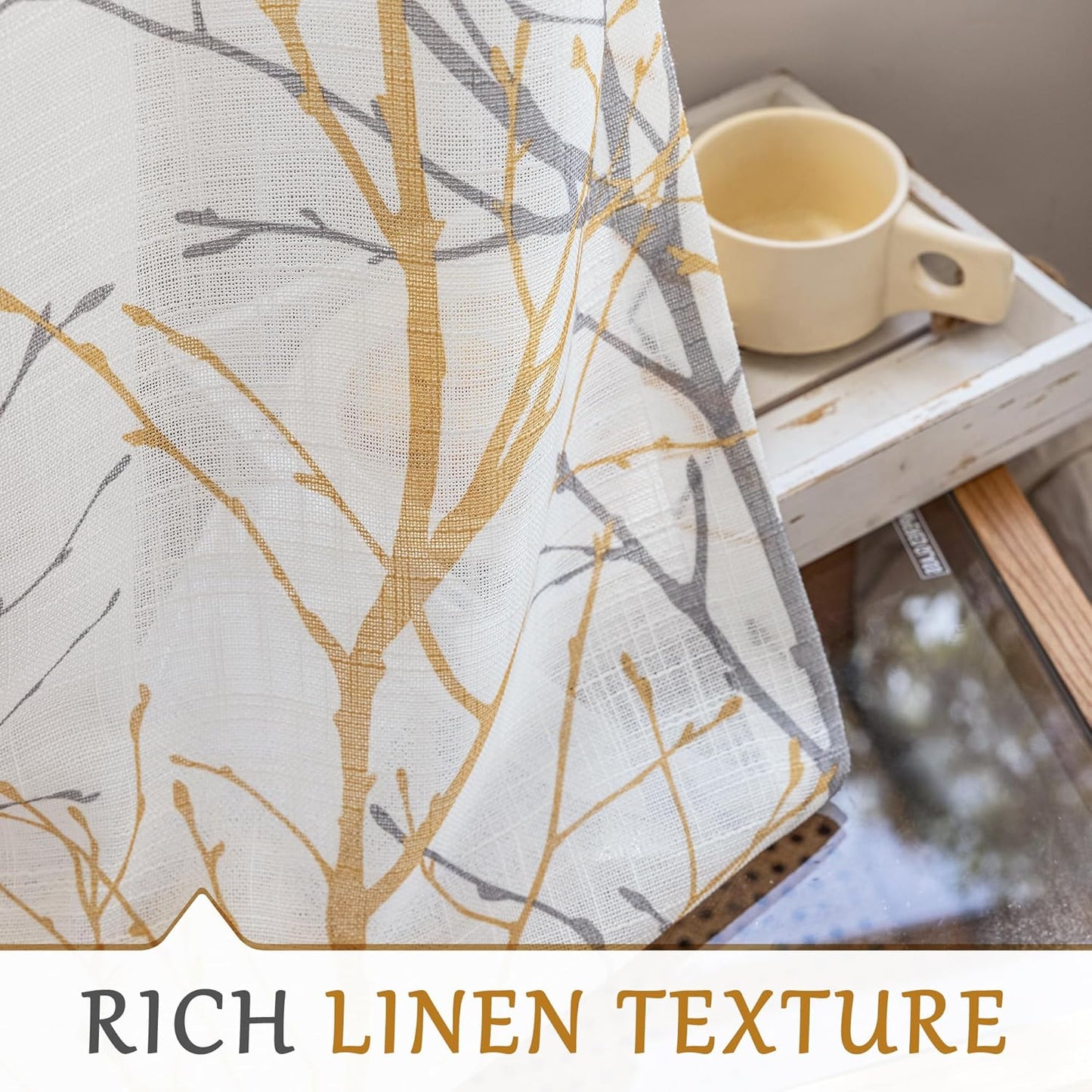 FMFUNCTEX White Sheer Front Door Curtains, 40 Inches Long Yellow Grey Print Branch Tree Half French Panel, 50 Inches