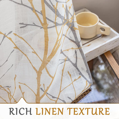 FMFUNCTEX White Sheer Front Door Curtains, 40 Inches Long Yellow Grey Print Branch Tree Half French Panel, 50 Inches