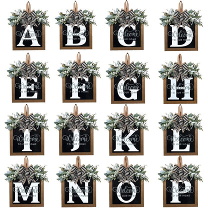 Last Name All Year Round Front Door Wreath with 26 Initial Letter Welcome Sign All Seasons Eucalyptus Garland and Bow ，Farmhouse, Porch, for Spring Summer Fall All Seasons Holiday Halloween Christmas.（P）
