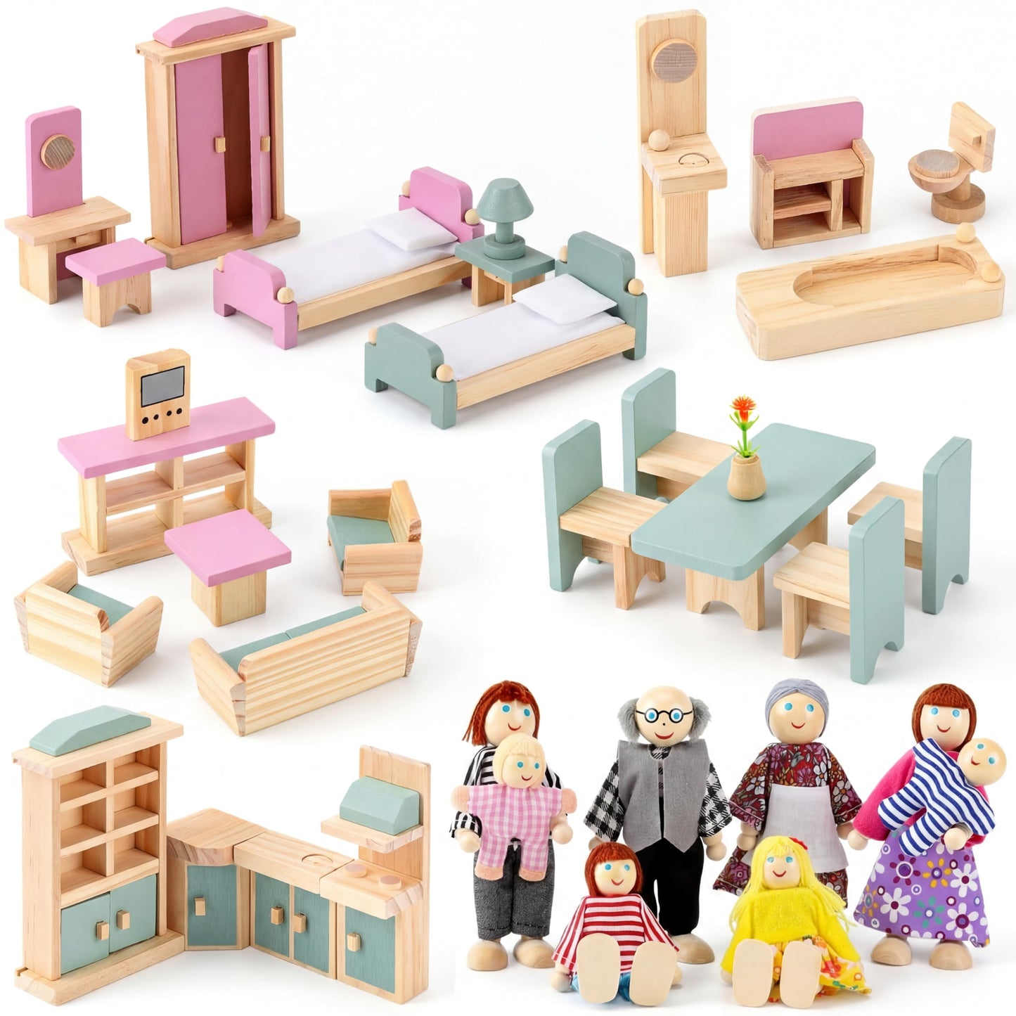 Sumind 35 Pcs Wooden Dollhouse Furniture Set with 8 Family Figures, 1:12 Scale Miniature Dolls House Accessories for Kitchen, Bedroom & Bathroom, Montessori Educational Toy Gift for Girls and Boys