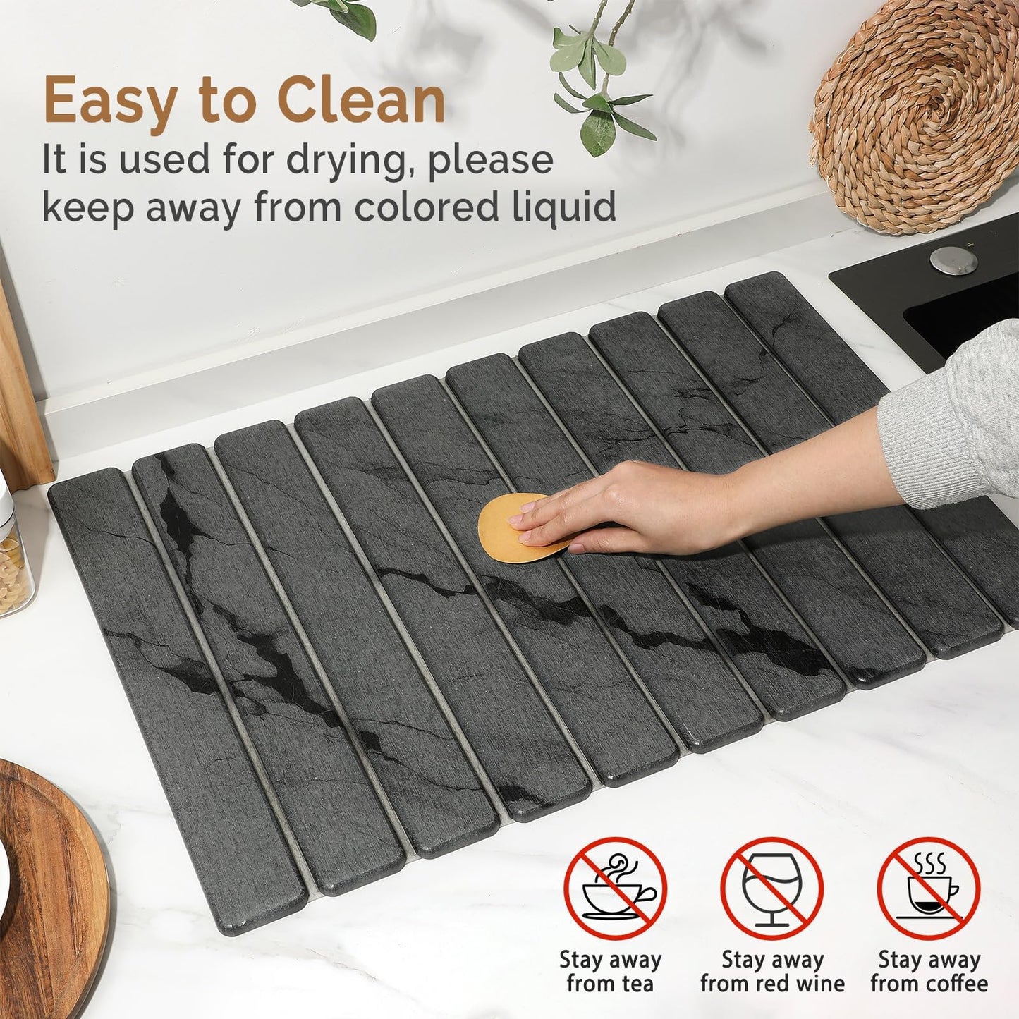 Large Stone Dish Drying Mat for Kitchen Counter, Quick Dry Stone Dishes Mats,Foldable Water Absorbing Diatomaceous Earth Drying Organizer Pad for Plate Rack Bottles Utensils(Dark Gray 24"×16" & 8"x4")