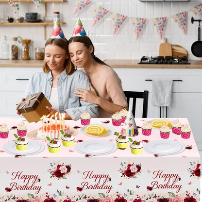 Avezano 3 pcs Burgundy Birthday Tablecloths 108x54 inch Red Pink Floral Birthday Party Decorations Burgundy Rose Bday Table Covers Disposable for Women Girls