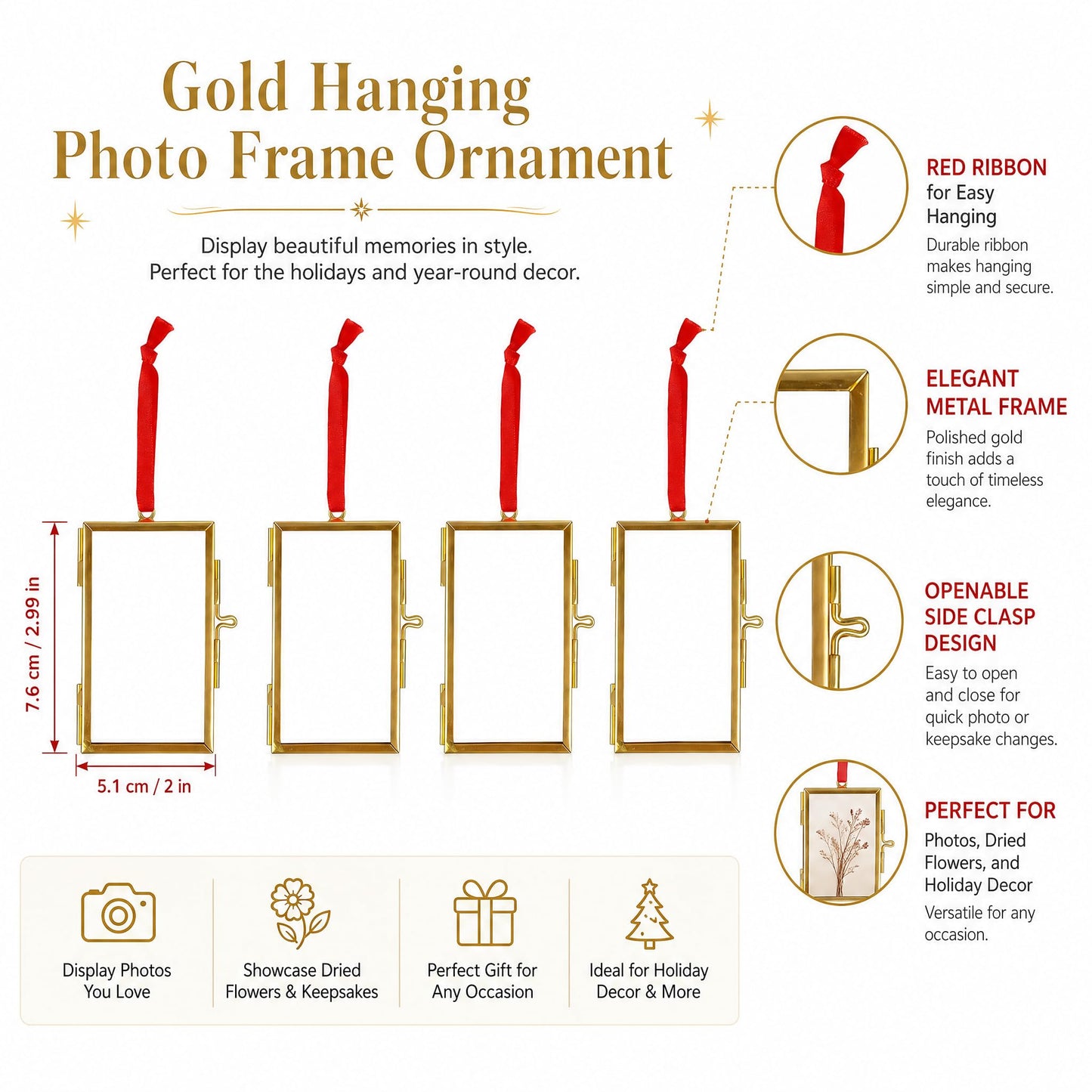 Pressed Flower Frames with Tweezers,Wall Hanging Double Glass Frames 2x3 with Red Ribbon for Dried Flowers Plants,Floating Photo Frame for Display Gallery Artwork, Horizontal Vertical,Golden, 4 Pack