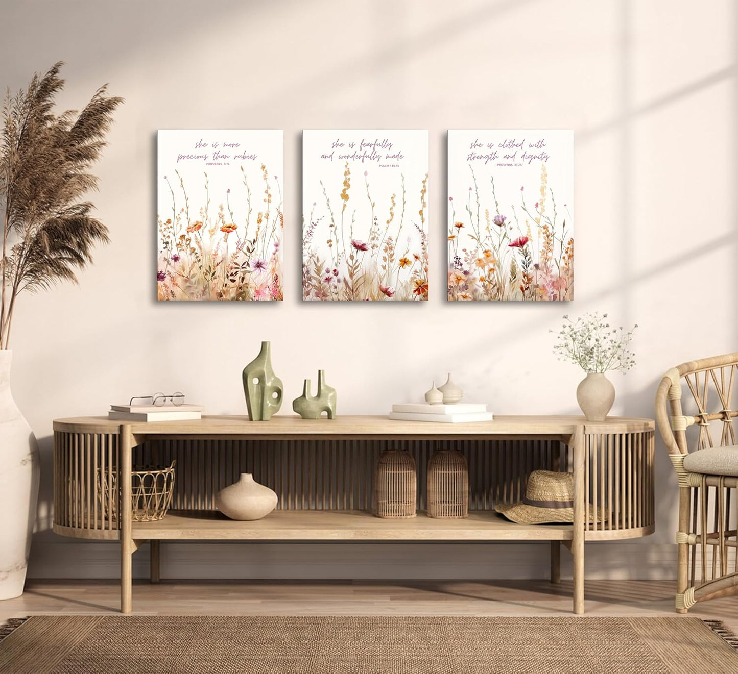 3Pcs MALEDO Christian Nursery Canvas Wall Art Bible Verse Floral Pictures Wall Decor Boho Wildflower Nursery Posters