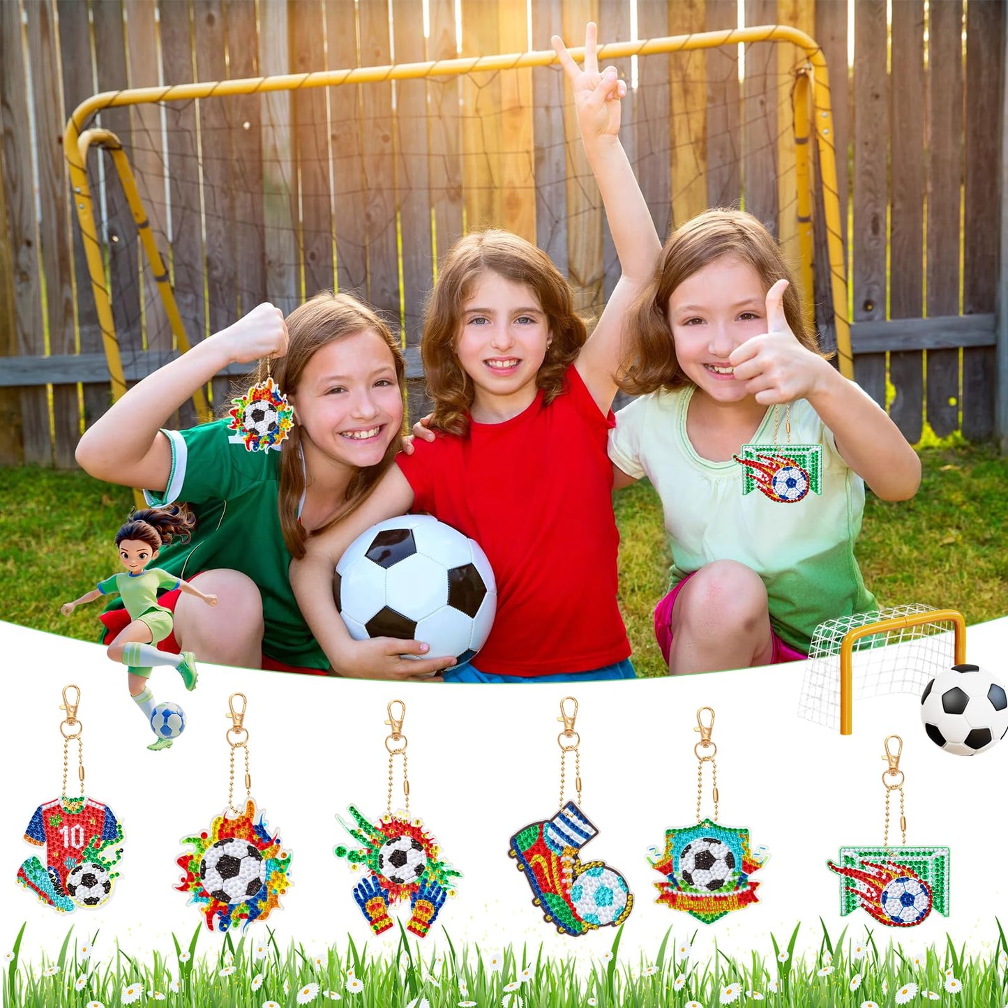 JSRQT 5D DIY Football Diamond Art Painting Keyrings Kit, Double-Sided Diamond Pasted Painting Keychians for Adult Kids, Rhinestone Mosaic Craft Painting Pendant for Handbag Backpack Party Decoration