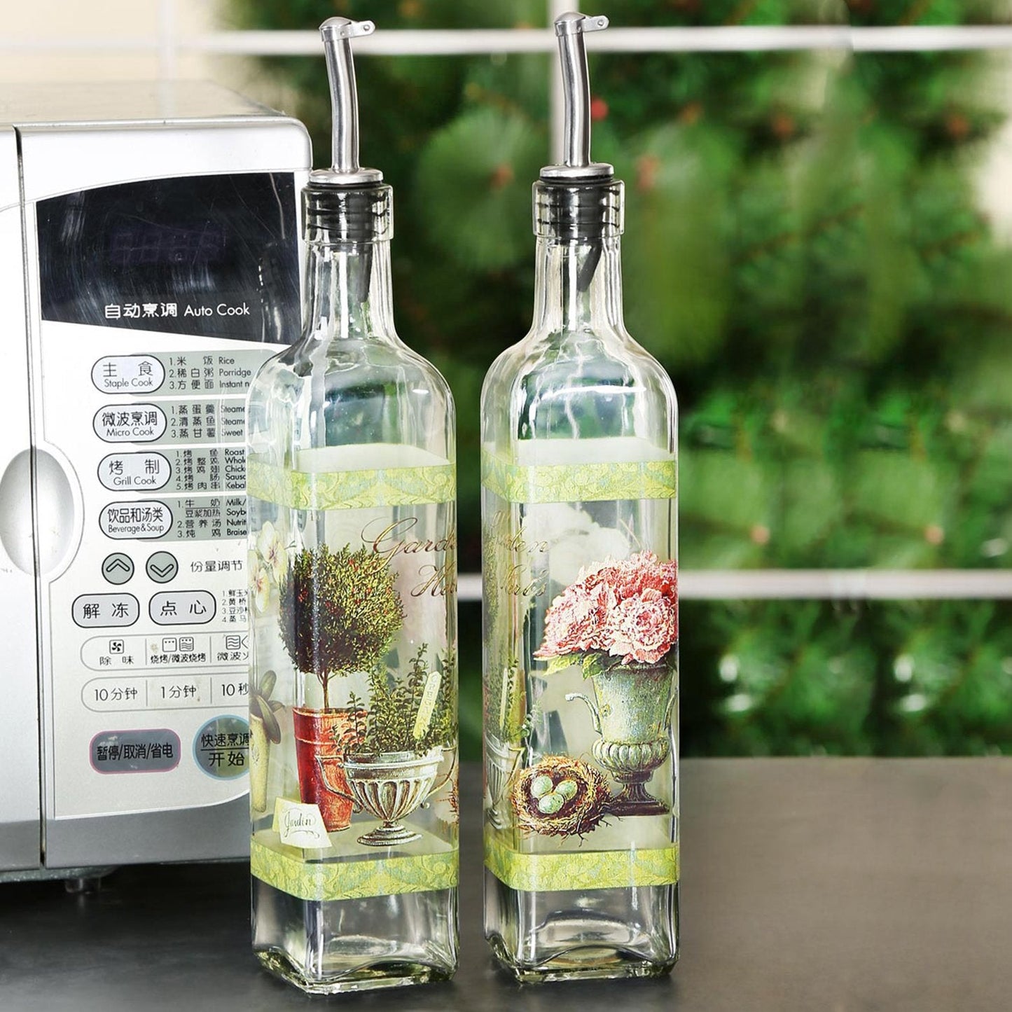 CEDAR HOME Olive Oil Bottle Set Glass Dispenser Vinegar Cruet 17oz. with Stainless Steel Leak Proof Pourer Spout for Cooking or Salad Dressing, 2 Pack, Green