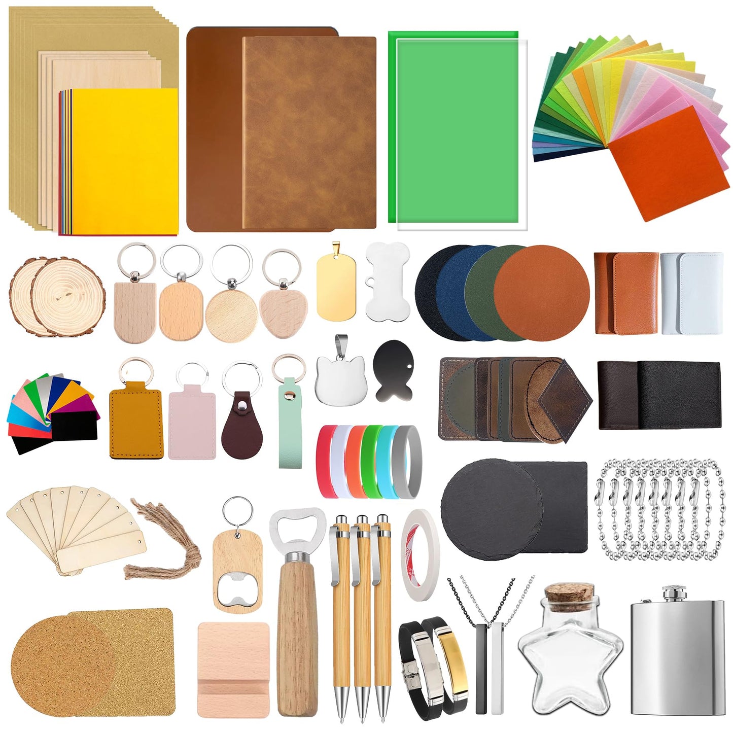 144 PCS Laser Engraving Material Kit, 29 Kinds of Laser Engraving Supplies Including Acrylic, Wood, PU Leather, Glass, Metal, Rock, Fabric, Rubber Materials for Laser Cutter Engraver