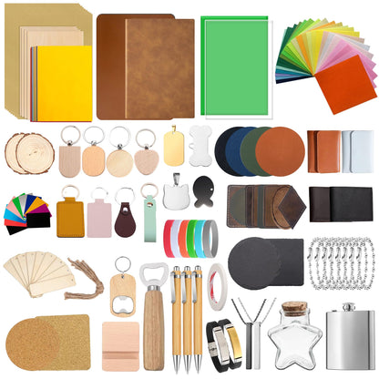 144 PCS Laser Engraving Material Kit, 29 Kinds of Laser Engraving Supplies Including Acrylic, Wood, PU Leather, Glass, Metal, Rock, Fabric, Rubber Materials for Laser Cutter Engraver