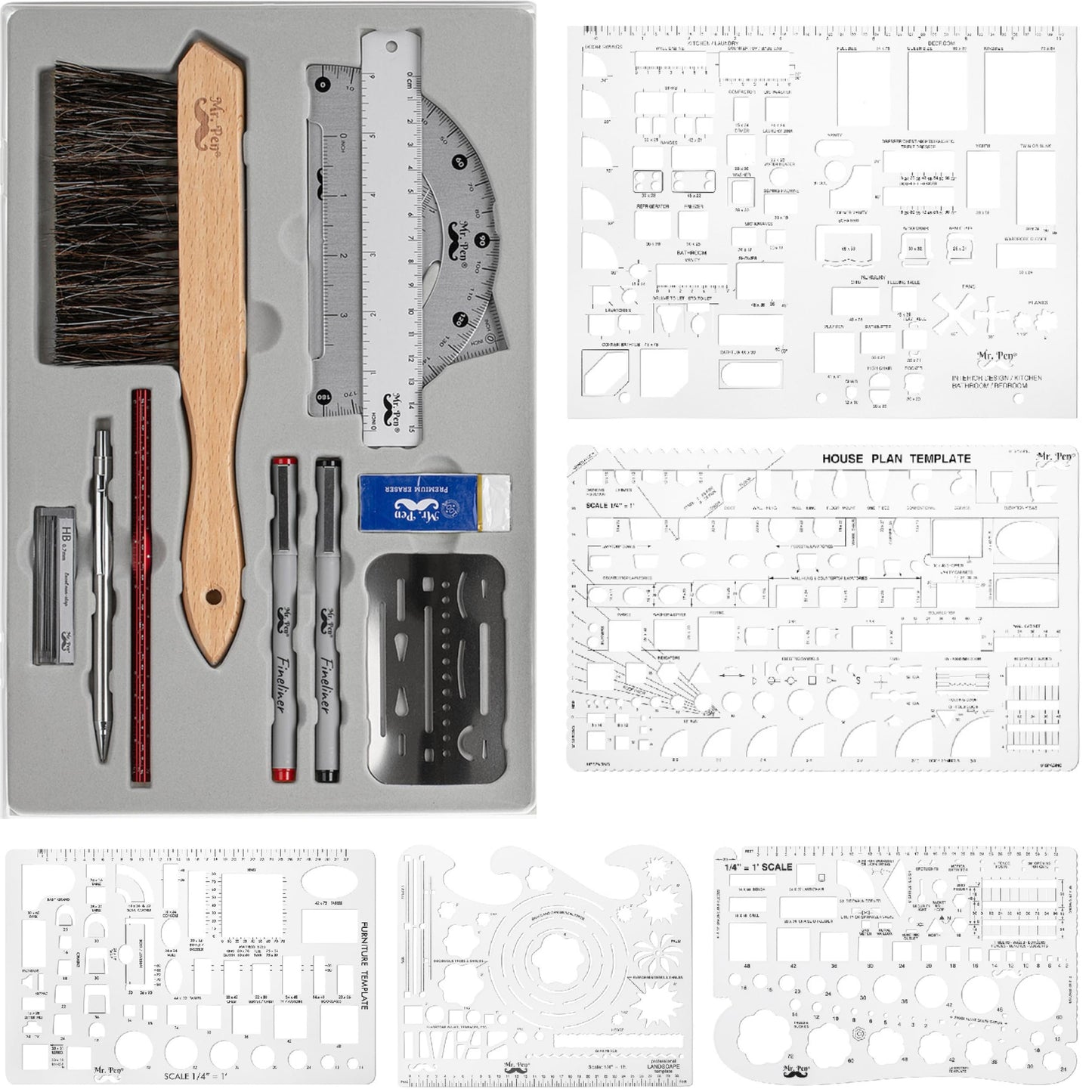Mr. Pen- Professional Drafting Tools & Geometry Set with Case, 17 pcs, Mechanical Pencil, Fineliners, Scale Metal Ruler, Drawing Templates for Interior Design House Plan, Architect Protractor Set