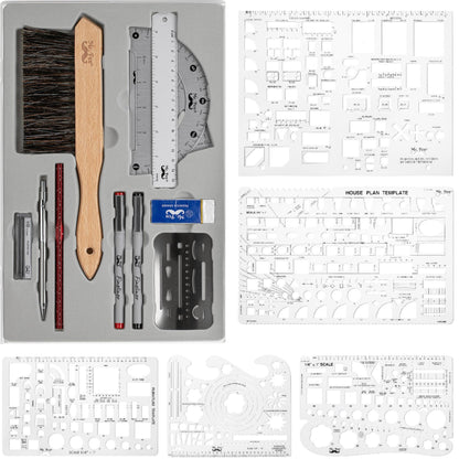 Mr. Pen- Professional Drafting Tools & Geometry Set with Case, 17 pcs, Mechanical Pencil, Fineliners, Scale Metal Ruler, Drawing Templates for Interior Design House Plan, Architect Protractor Set