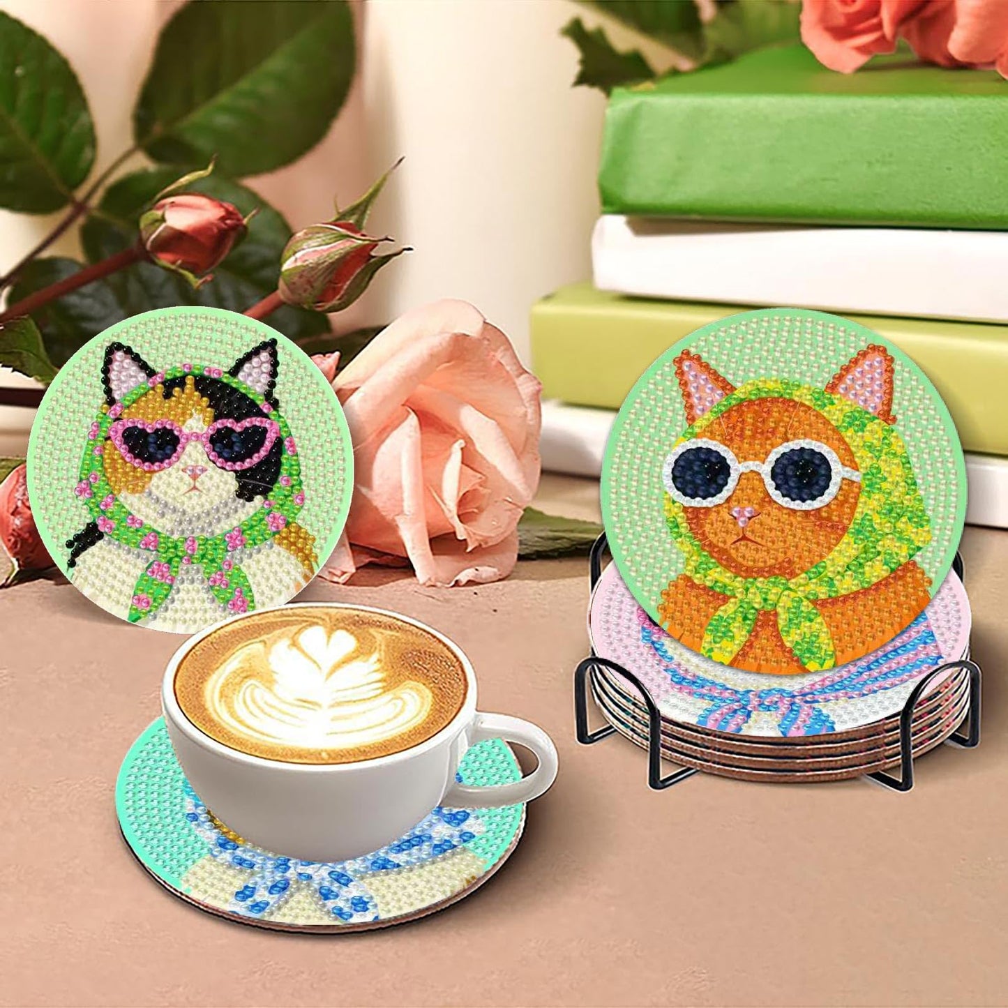 Yijingtop 8 Pcs Retro Cat Diamond Painting Coasters Kits with Holder,Funny Cat Diamond Art Coasters with Wooden Cork,DIY Round Drill Small Diamond Art for Adults for Home Wall Decor