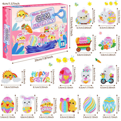 Inbagi 15 Pcs Easter Diamond Painting Keychains 5D Easter Egg Full Drill Making Key Chains Key Ring Diamond Art Keychains Pendant DIY Diamond Decorative Accessories for Easter Holiday(Cute Style)